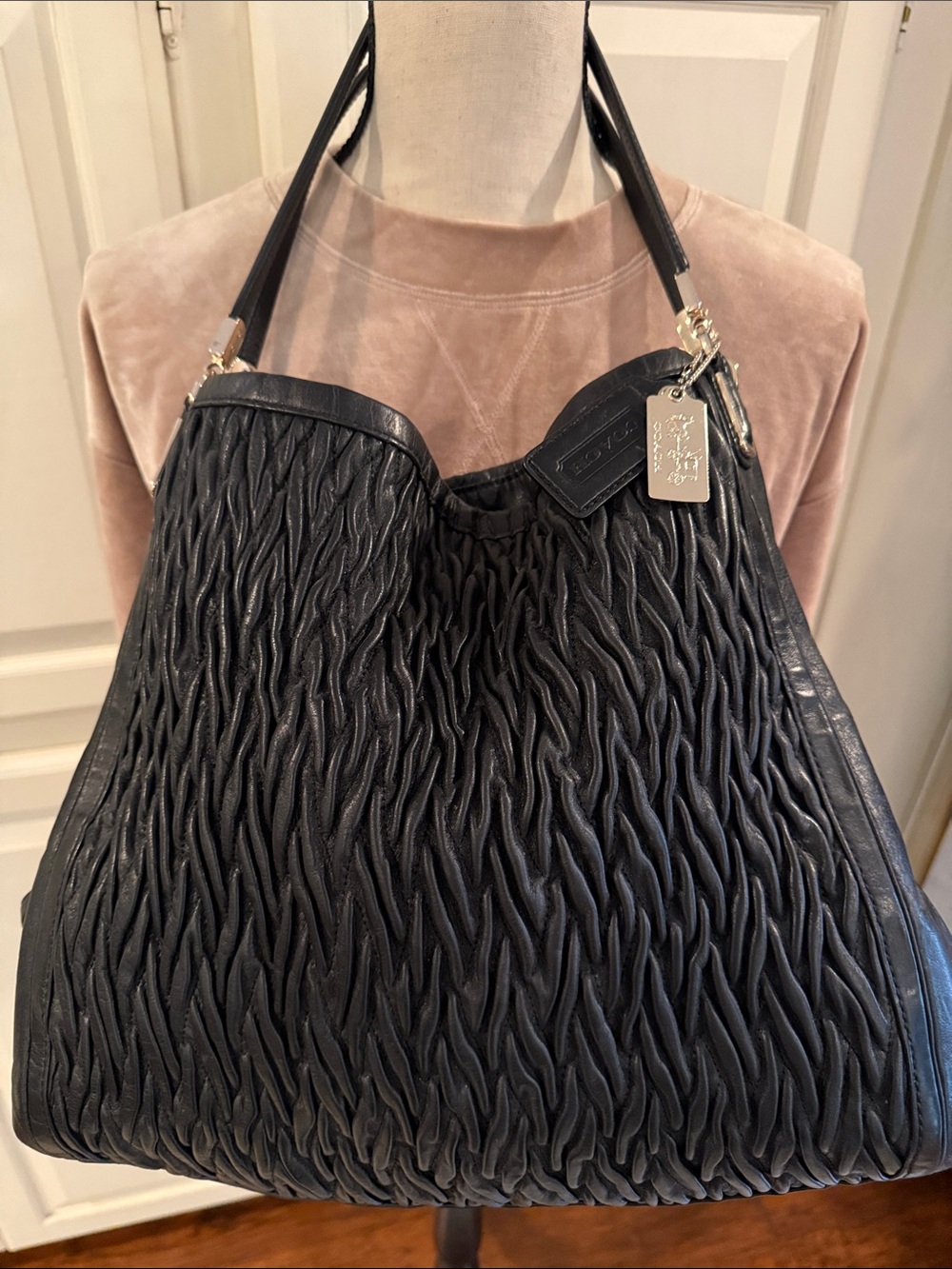 Coach Black Textured Leather Shoulder Hobo with Gold Hardware